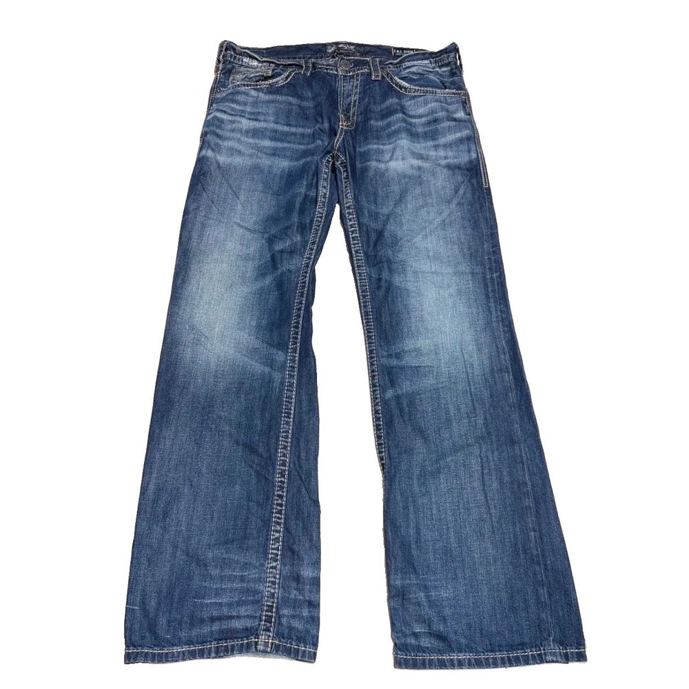 Silver Jeans Co Zac Relaxed Straight 36x34 Medium Wash Distressed Blue Denim